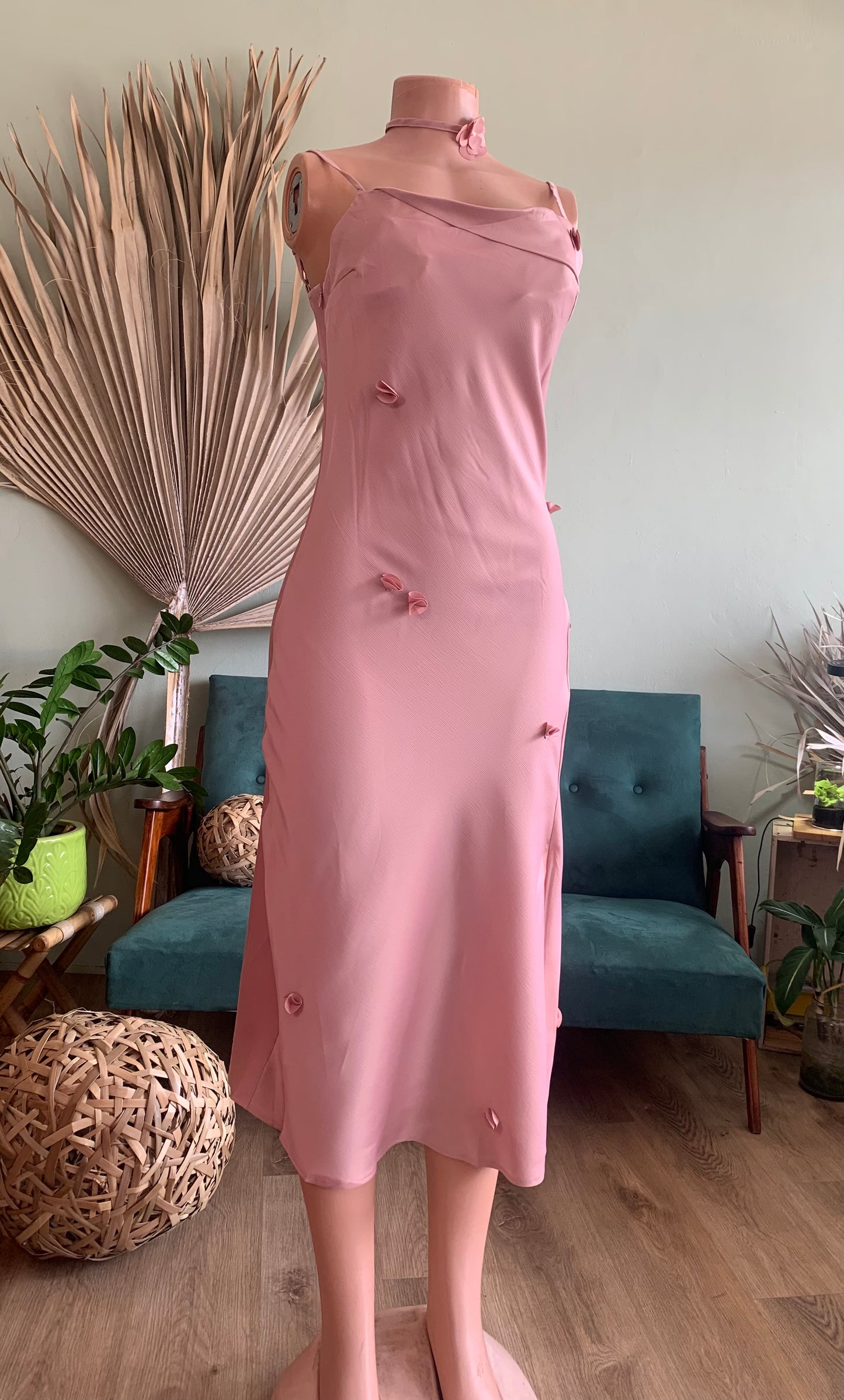 Satin dress with 3D flowers